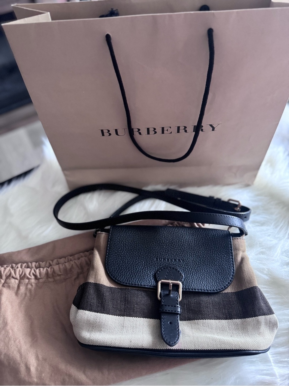 Burberry Black, Tan & Cream Striped Crossbody Bag